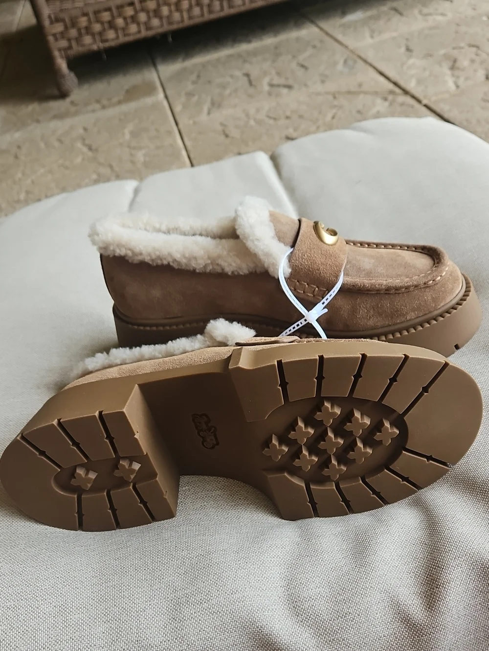 Coach Leah Platform Lug Sole Loafer Suede & Shearling Upper Coconut/Natural, 7